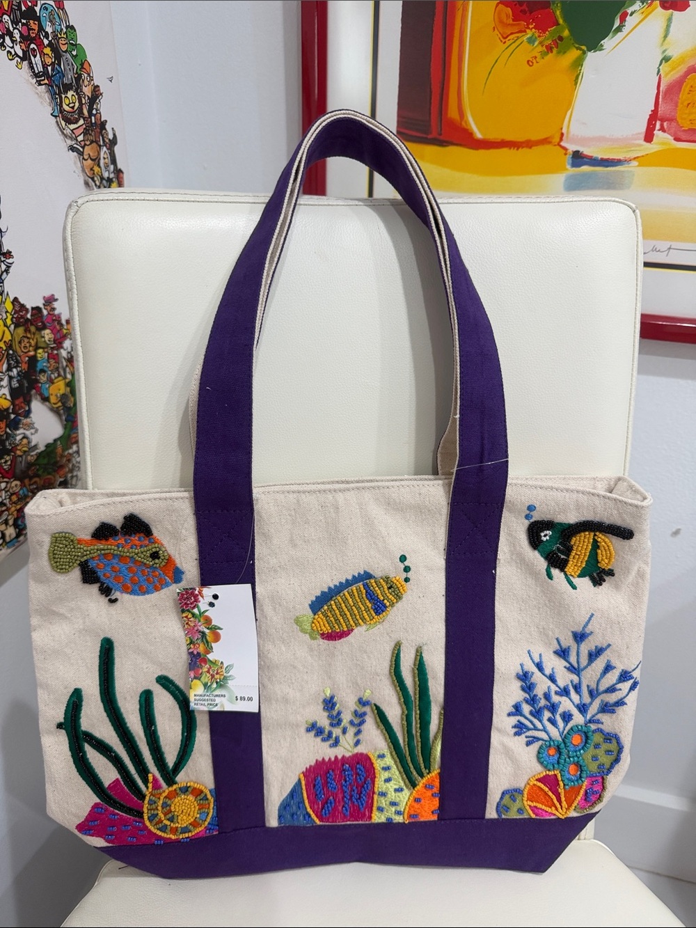 America & Beyond Beaded Colorful Fish Canvas Tote Bag with Bright Purple Trim